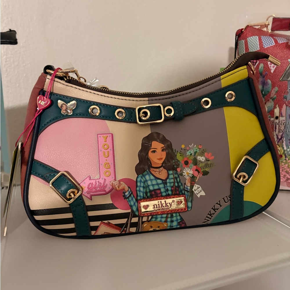 Colorblock Printed Shoulder Bag in Pink, Green & Yellow